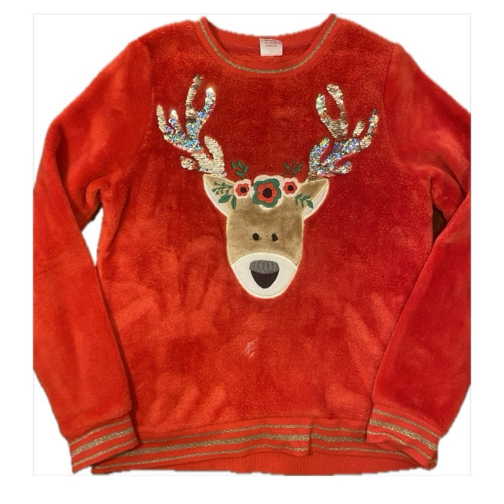 Girls Red Reindeer Sweater with Sequin Antlers 14